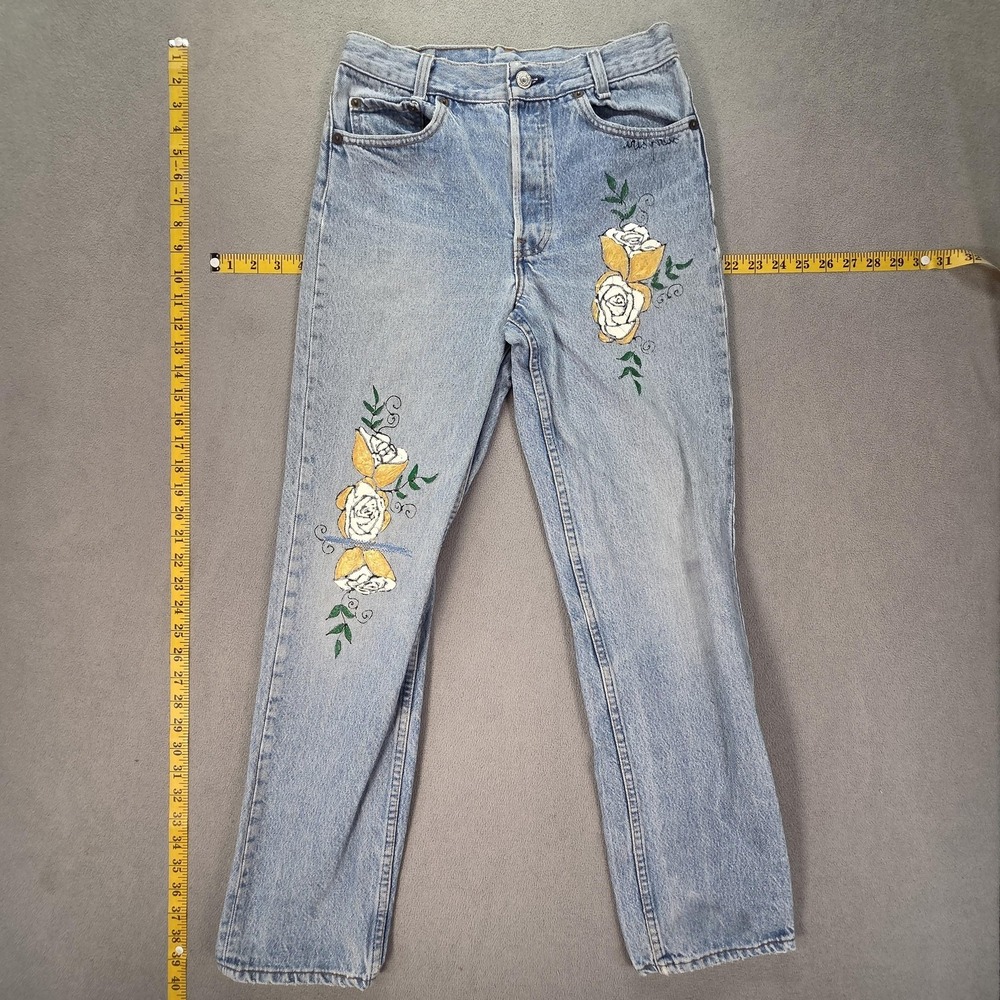 VTG Levis 701 Jeans Womens High Rise Tapered Floral Art USA 90s Fits 26x27